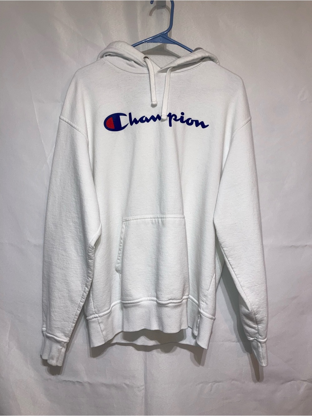 Champion White Hoodie with Navy Logo and Red Accent